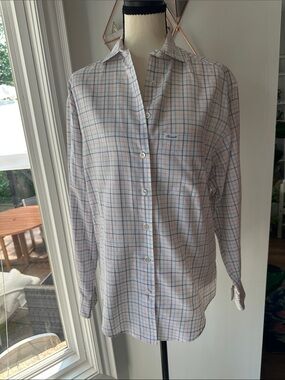 FACONNABLE VTG Made in USA Women’s Plaid Button-Up Shirt White Blue Pink SMALL